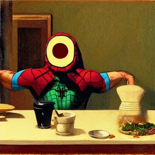 Prompt: Mysterio, Spider-Man, eating dinner, artwork by Franz Sedlacek,