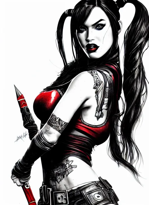 Image similar to concpet art, full shot, traditional ink, sketch, of megan fox as harley quinn, line sketch, intricate, elegant, highly detailed, monochrome, digital painting, artstation, concept art, blue, black, red ink sharp focus, illustration, art by borderlands 3 and peter polach