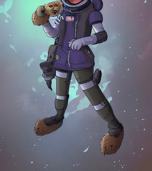 Image similar to digital detailed art of furry female hyena, in style of zootopia, fursona, furry, furaffinity, deviantart, wearing astronaut outfit, floating in space, space background, hyena fursona, cyberpunk, detailed face, style of artgerm,