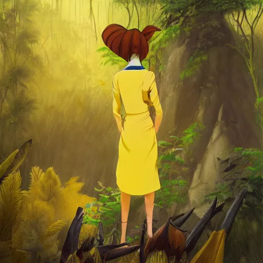 Image similar to concept art painting of an anthropomorphic salvador dali wearing yellow dress, in the deep forest, realistic, detailed, cel shaded, in the style of makoto shinkai and greg rutkowski and james gurney