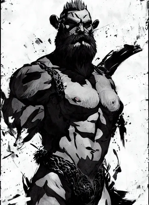 Image similar to Full body portrait of an old muscular man with white hair and black beard wearing bear skin. In style of Yoji Shinkawa and Hyung-tae Kim, trending on ArtStation, dark fantasy, great composition, concept art, highly detailed.