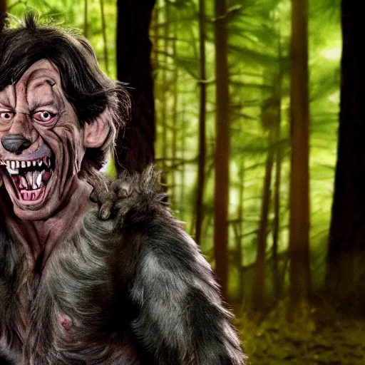 Image similar to under the full silver moon jim varney transforms into a werewolf and hungry for feeding with sharp teeth and claws in the forest full hd stunning creepy photograph