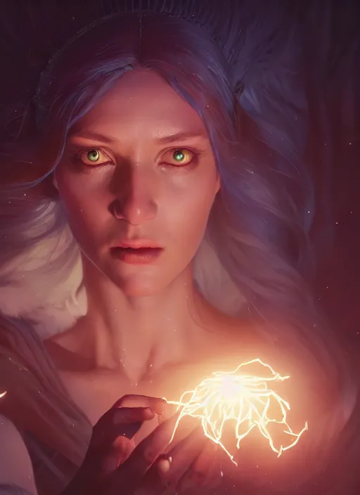 Image similar to highly detailed vfx portrait of a sorceress casting a spell of light and darkness, unreal engine, greg rutkowski, only, once, beeple, makoto shinkai and louis van baerle, ilya kuvshinov, rossdraws, tom bagshaw, alphonse mucha, global lighting, detailed and complex environment