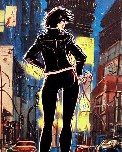 Image similar to young female protagonist in leather jacket, city street, artwork by ralph bakshi