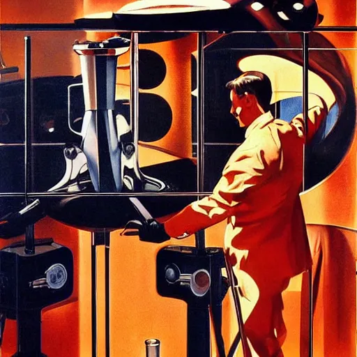 Prompt: man in futurist 6 0 ´ s lab, machines and futurist robots, red lights, leyendecker style, boris vallejo style, black suit