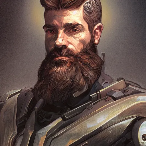 Image similar to Portrait of John Brown with a long beard wearing futuristic power armor, fantasy, intricate, highly detailed, digital painting, trending on artstation, sharp focus, illustration, style of Stanley Artgerm and Greg Rutkowski and Dan Mumford and Alphonse Mucha