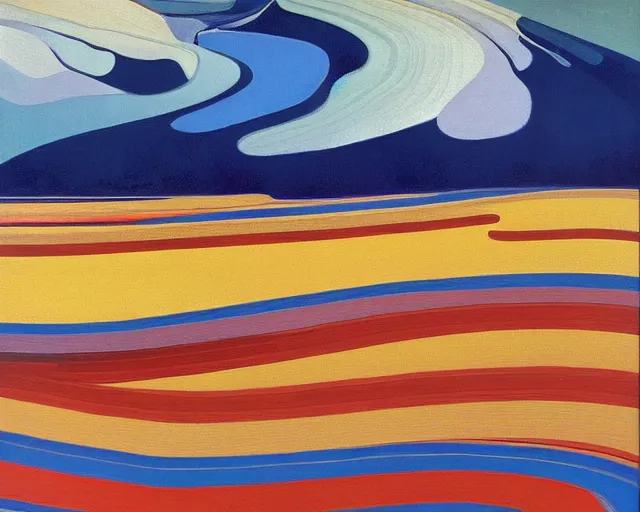 Image similar to A wild, insane, modernist landscape painting. Wild energy patterns rippling in all directions. Curves, organic, zig-zags. Saturated color. Mountains. Clouds. Rushing water. Wayne Thiebaud.