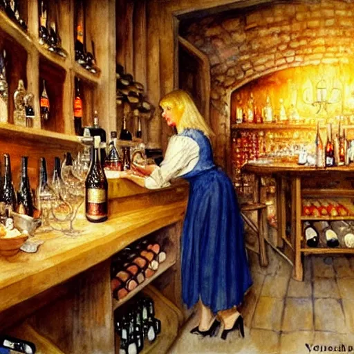 Image similar to hot blonde working in a wine cellar, food, pork, beer, schnapps, rustic, traditional, torches on the wall, watercolor by vladimir volegov and carl larsson