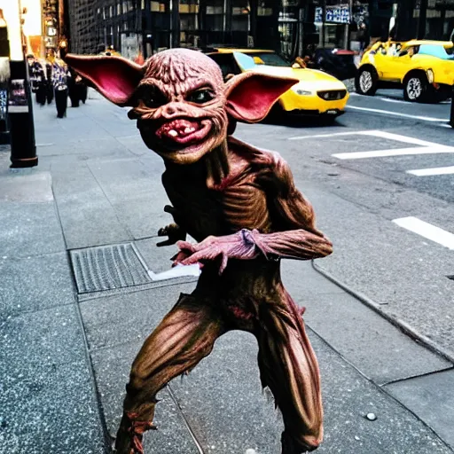 Prompt: photo of hyperealistic goblin in downtown nyc