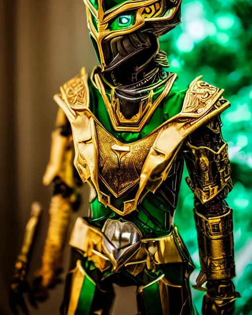 Prompt: an elf ranger wearing green and gold futuristic mecha armor with ornate rune carvings and glowing lining, very detailed, shot in canon 50mm f/1.2,