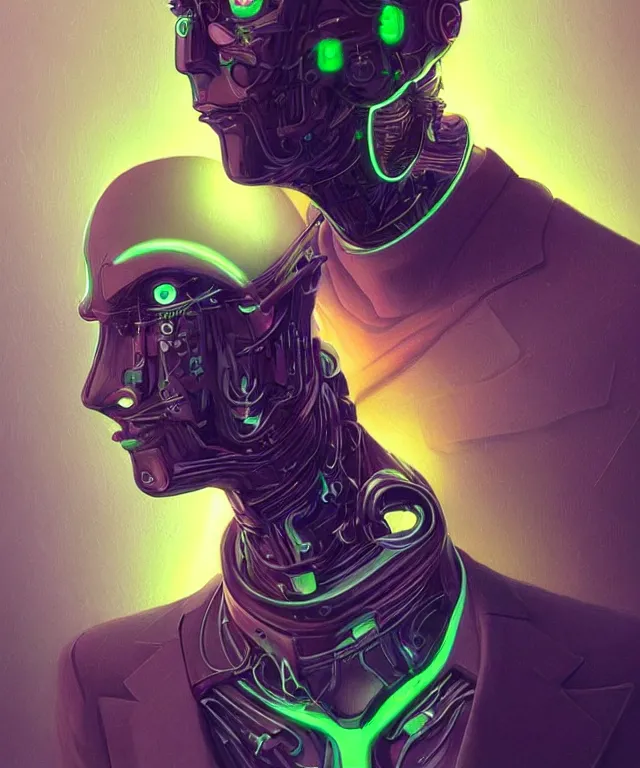 Image similar to a male android portrait wearing a suit and tie, surrealism, scifi, intricate, elegant, sharp eyebrows, highly detailed cybernetic body, neon glowing eyes, digital painting, artstation, concept art, smooth, sharp focus, illustration, art by artgerm and moebius and peter mohrbacher