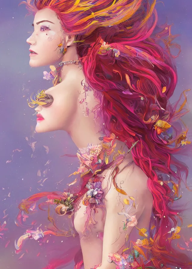 Image similar to a colorful and provenance illustrations painting of the fantasy female who with floral wing, highly detailed, her hair made of hair made of air wind and curling smoke, mist, dust, genie, spirit fantasy concept art, art by ketner and jeremiah, trending on artstation.