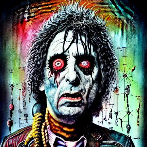 Image similar to graphic illustration, creative design, alice cooper, biopunk, francis bacon, highly detailed, hunter s thompson, concept art, mixed media