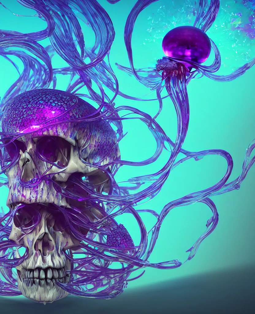 Image similar to close-up portrait of skull dichroic orchid jellyfish skull, betta fish, bioluminiscent creatures, intricate artwork by Tooth Wu and wlop and beeple. octane render, trending on artstation, greg rutkowski very coherent symmetrical artwork. cinematic, hyper realism, high detail, octane render, 8k