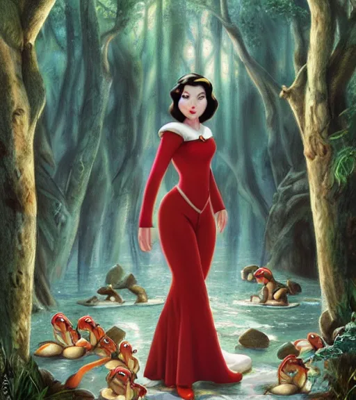 Prompt: film still of nancy ajram as snow white in a forest by a pond with frogs, by artgerm, makoto sinkai, magali villeneuve, Gil Elvgren, Earl Moran,Enoch Bolles, symmetrical,