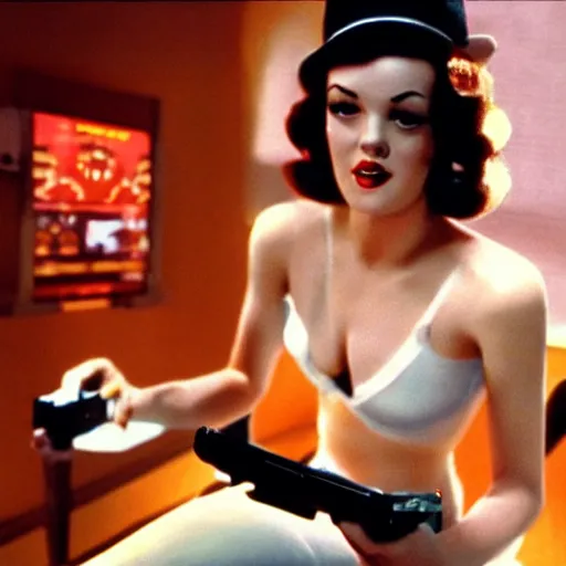 Image similar to a still of a pin up girl playing a videogame, in the movie A Clockwork Orange, cinematic lighting 4k, bokeh