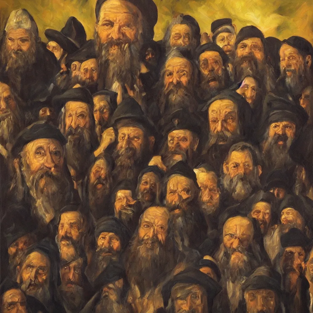 Prompt: oil painting by christian rex van minnen portrait of jewish chabad cult, extremely bizarre disturbing, intense chiaroscuro lighting perfect composition masterpiece intense emotion