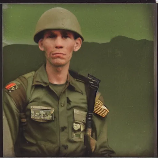 Image similar to A polaroid of Jerma985 in military gear, taken during the vietnam war, realistic, hyperrealistic, very realistic, highly detailed, very detailed, extremely detailed, detailed, digital art, trending on artstation