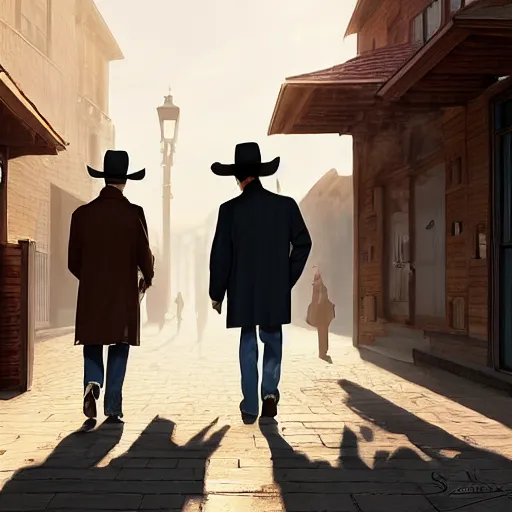 Image similar to a man with a long coat and a cowboy hat walking in a western town, by Shaddy Safadi, dramatic lighting, digital painting, 8k, highly detailed