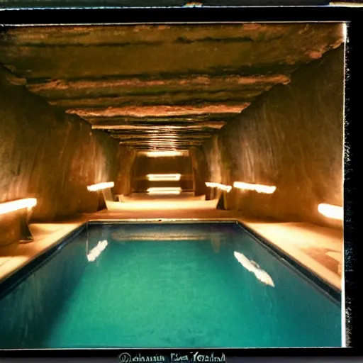 Image similar to underground hotel pool, surreal, polaroid, limimal,