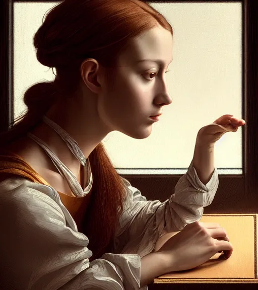 Image similar to portrait of a computer sitting upon a table with heightened detail, poised, intense emotion, detailed facial expression, detailed surroundings, intricate, elegant, highly detailed, centered, digital painting, artstation, concept art, smooth, sharp focus, illustration, by ( leonardo da vinci ), wlop