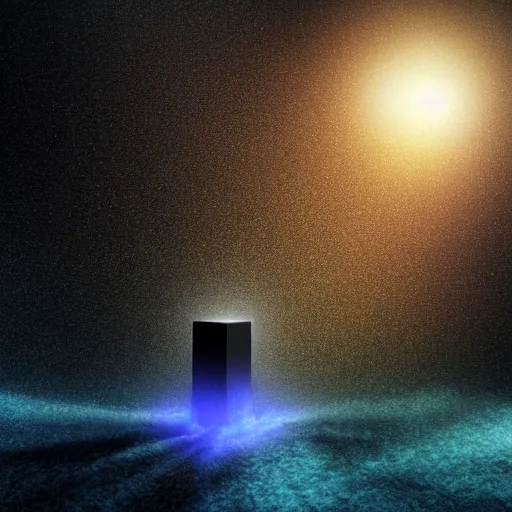 Prompt: floating shiny black monolith, floating in a blue particles void, 4k detailed