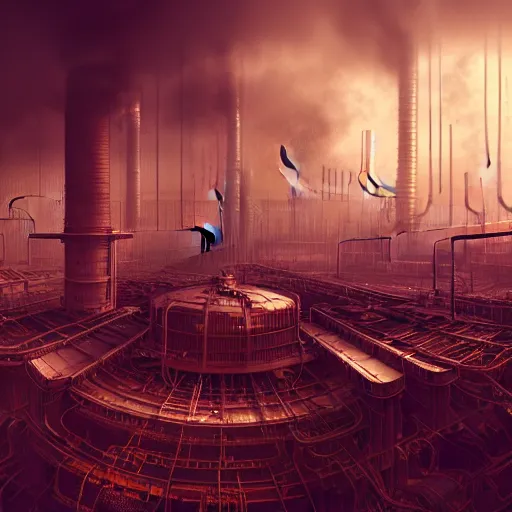 Image similar to futuristic dystopian endless, intricate, complex, labyrinthine, byzantine, tangled, industrial megafactory complex, smokestacks, pipelines and ducts and vents, matte painting, steampunk, smoke, night, gloomy, dark, dramatic, cinematic, volumetric lighting, gods eye view