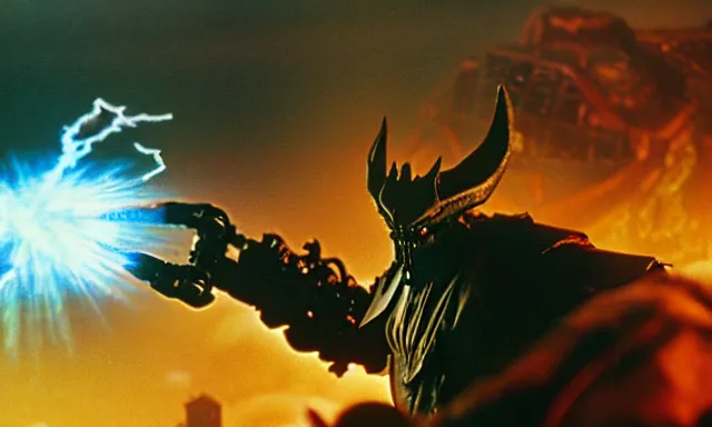 Prompt: gandalf with large mecha arm battling the balrog 3 5 mm photograph