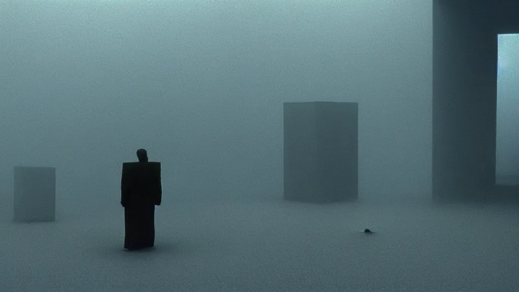 Image similar to cube man, film still from the movie directed by denis villeneuve and david cronenberg with art direction by salvador dali and zdzisław beksinski, wide lens