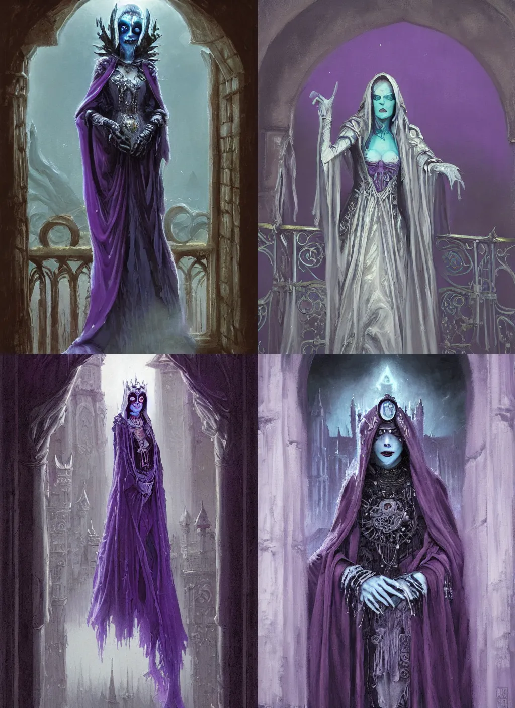 Prompt: a painting of a gloomy and unsettling lich queen, garbed in a purple gown, silver jewelry on her neck and forehead, on the balcony of her misty castle, by greg rutkowski and craig mullins, by dan mumford