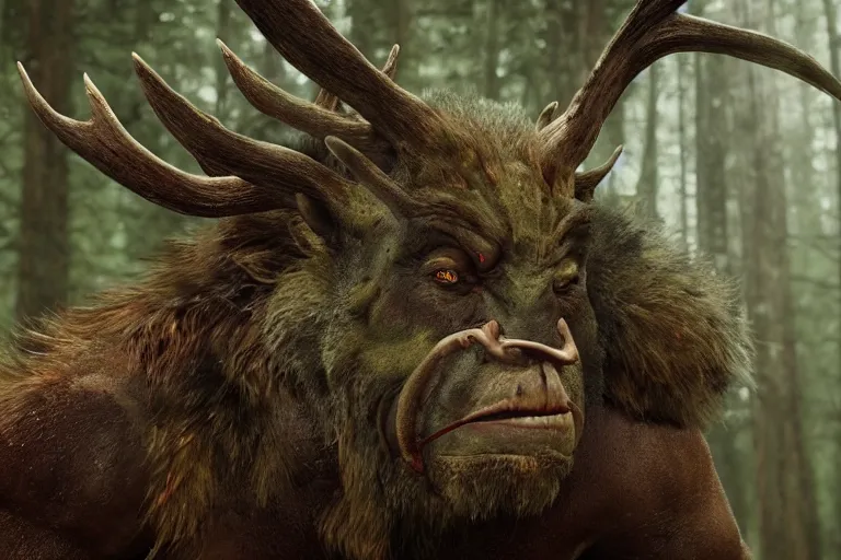 Image similar to vfx movie closeup detailed ancient warrior orc hunting elk in the forest, natural lighting by emmanuel lubezki