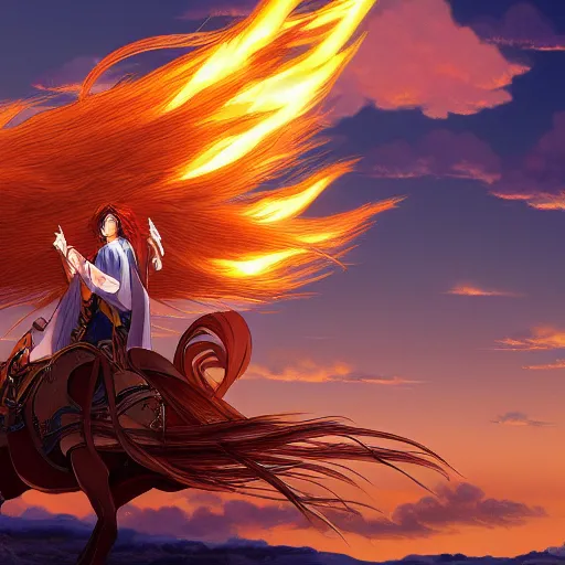 Image similar to a beautiful ultradetailed anime illustration of a man in Biblical clothing flying in the sky on his fiery chariot, desert background chariot on fire, horses on fire by makoto shinkai, anime wallpaper 4k, prismatic