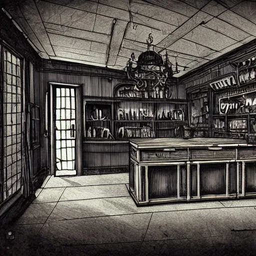 Image similar to dark shop interior illustration in style of mansion of madness by John Pacer