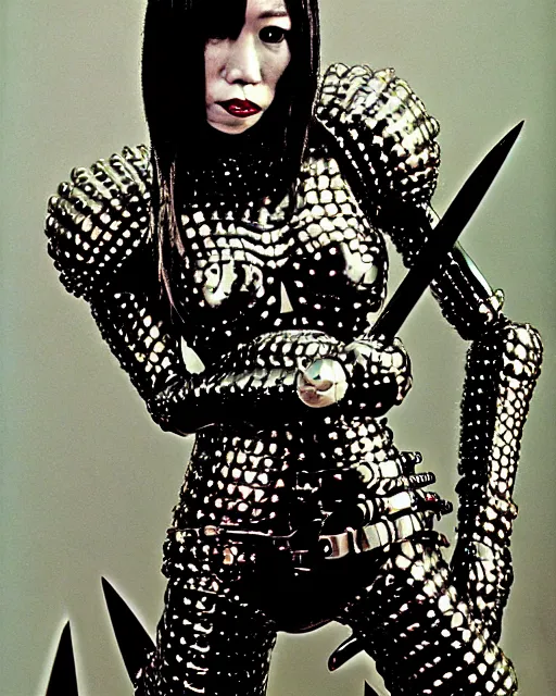 Image similar to portrait of a skinny punk goth yayoi kusama wearing armor by simon bisley, john blance, frank frazetta, fantasy, thief warrior, chrome