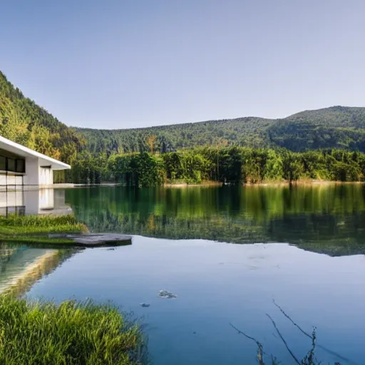 Image similar to a modern house in a national park, there is a lake next to it, landscape