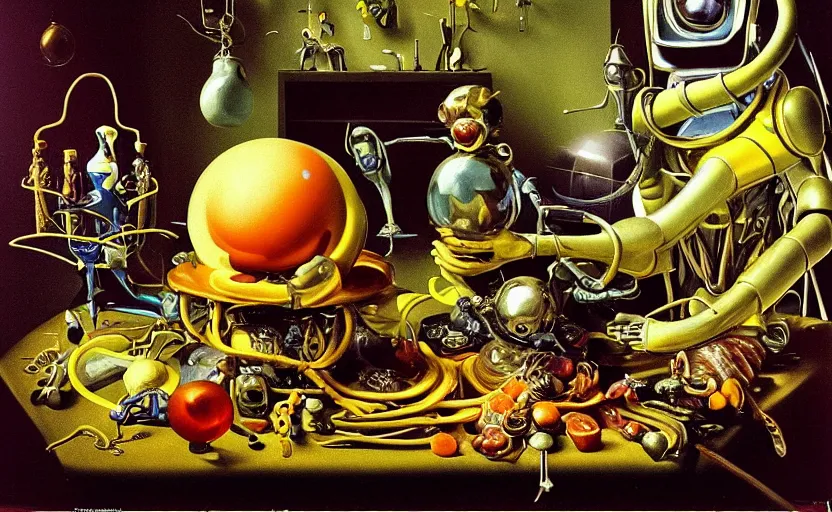 Image similar to strange seductive futuristic robot body, enticing colorful oil masterful painting dutch golden age vanitas still life splendid composition with bulbous luscious objects strange gooey transparent surfaces shiny metal reflections bizarre mutant meat insects rachel ruysch dali todd schorr very detailed perfect composition rule of thirds masterpiece canon 5 0 mm, cinematic lighting, photography, retro, film, kodachrome