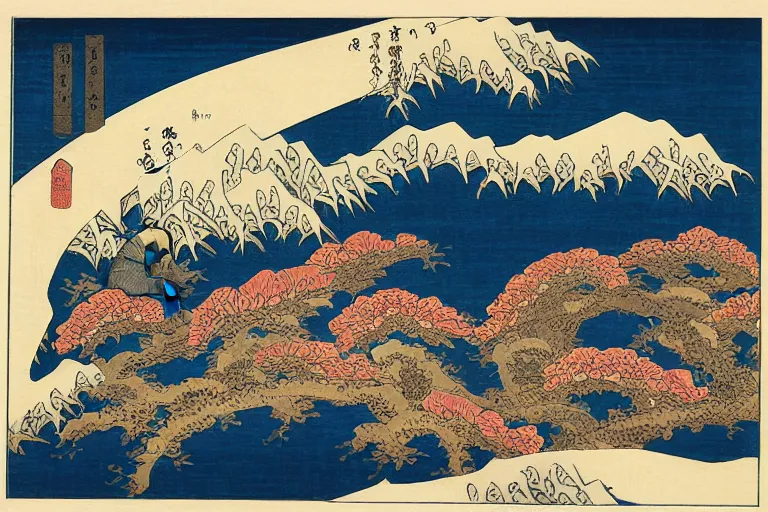 Image similar to a beautiful and hyperdetailed ukiyo - e drawing of a composition with irises by katsushika hokusai, in style by utagawa kuniyoshi and utagawa hiroshige, japanese print art, intricate, elegant, complex, illustration, clean 4 k