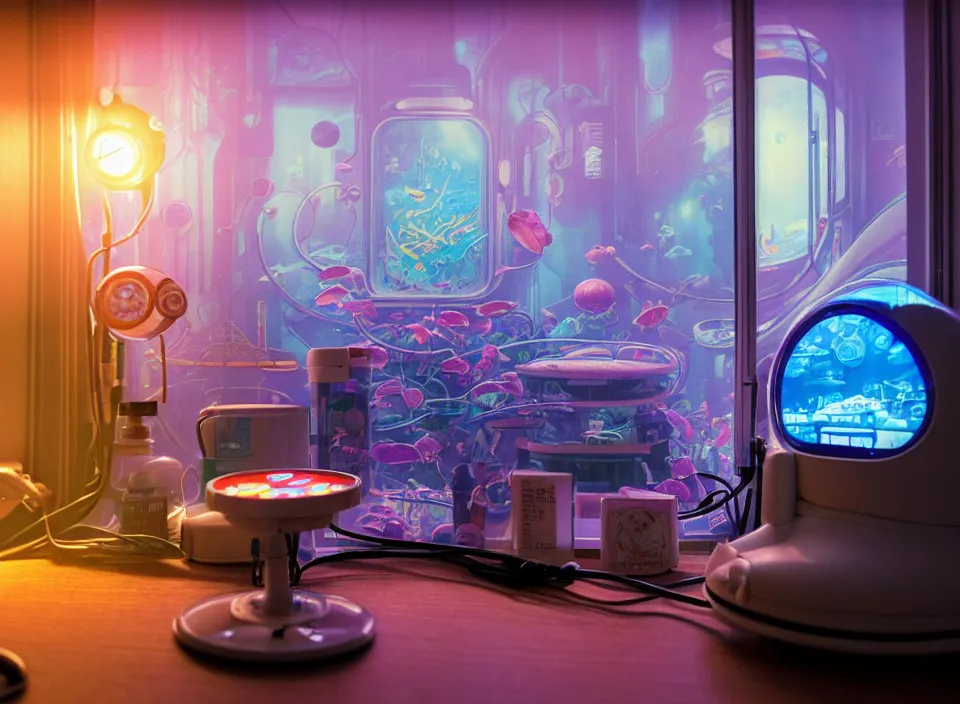 Image similar to telephoto 7 0 mm f / 2. 8 iso 2 0 0 photograph depicting the feeling of insomnia in a cosy cluttered french sci - fi ( art nouveau ) cyberpunk apartment in a pastel dreamstate art cinema style. ( aquarium, computer screens, window ( city ), led indicator, lamp ( ( ( pinball machine ) ) ) ), ambient light.