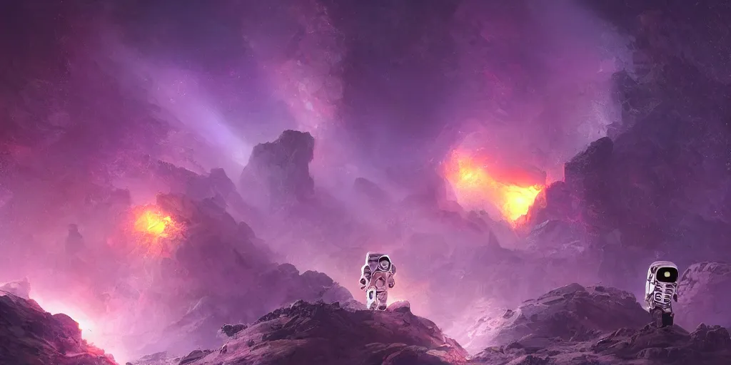 Image similar to one small astronaut standing in the ruins of crux prime, purple fiery maelstrom in the distance, digital art, artstationhq