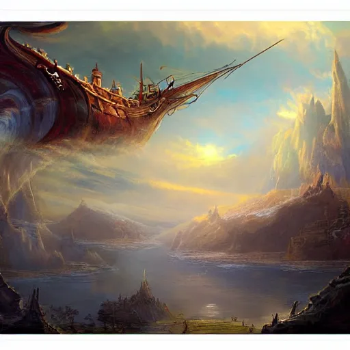 Image similar to ( magic skyship ) flying over ( fantasy landscape ), highly detailed, beautiful