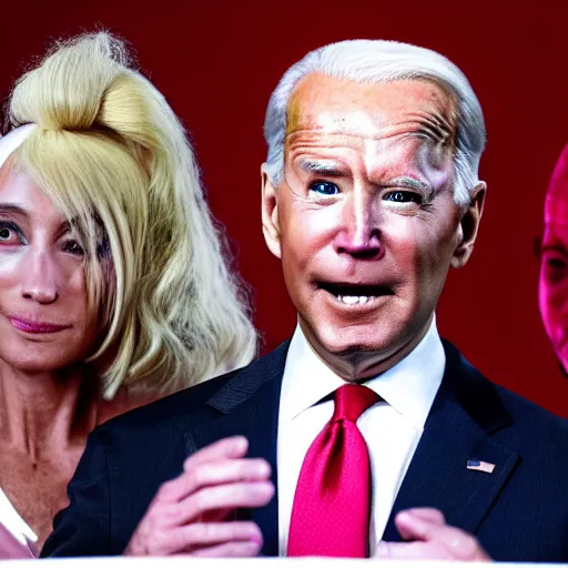 Prompt: photograph of a an alien, gray alien, wearing a blond wig and a red dress and ((Joe Biden)) at a press conference, highly detailed, 4K