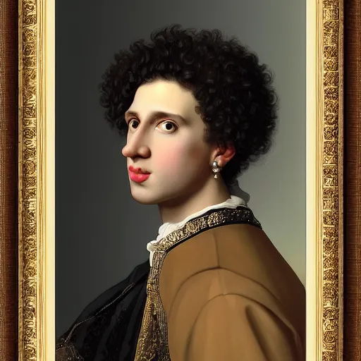 Prompt: young man with curly hair, in rich Russian furcoat, with pearl earring, Russian Empire, cinematic lighting, highly detailed, digital art, Renaissance painting, framed, by Leyendecker, by Rutkowsky,