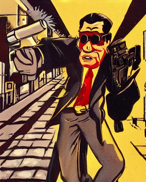 Image similar to detective pointing gun at camera, city street, artwork by ralph bakshi