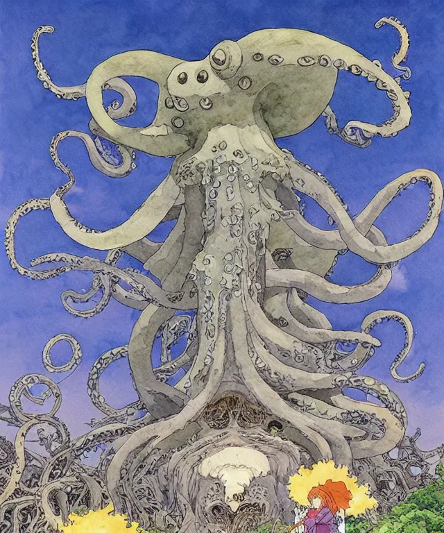 Prompt: a hyperrealist studio ghibli watercolor fantasy concept art. in the foreground is a giant grey octopus lifting an immense stone. the background is stonehenge with a starry sky. by rebecca guay, michael kaluta, charles vess