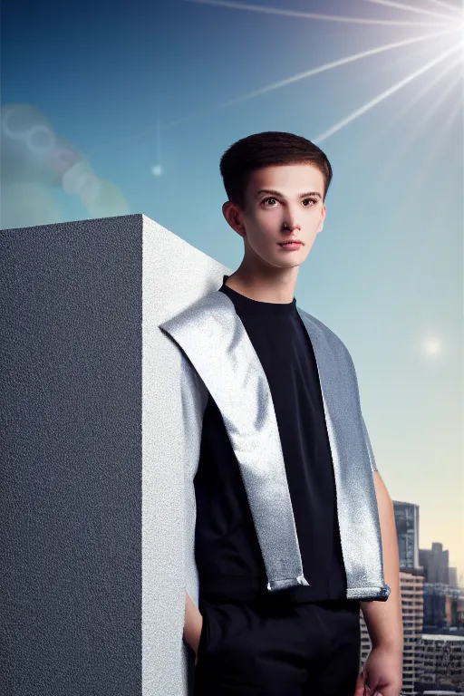 Image similar to un ultra high definition studio quality photographic art portrait of a young man standing on the rooftop of a british apartment building wearing soft padded silver pearlescent clothing. three point light. extremely detailed. golden ratio, ray tracing, volumetric light, shallow depth of field. set dressed.