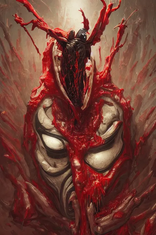 Prompt: Portrait of Steve Buscemi face as symbiote Carnage swallow it, red, marvel comics, dark, intricate, highly detailed, smooth, artstation, digital illustration by Ruan Jia and Mandy Jurgens and Artgerm and Wayne Barlowe and Greg Rutkowski and Zdislav Beksinski
