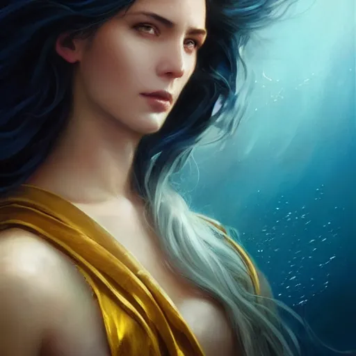 Prompt: beautiful portrait of a mystical long black haired goddess of the sea wearing long blue gold water robes rising up from the deep blue waves, oil painting by Greg Rutkowski and Charlie Bowater and Artgerm, unreal 5, DAZ, RPG Portrait, trending on artstation, dynamic lighting, misty, ocean, blue theme, afternoon light