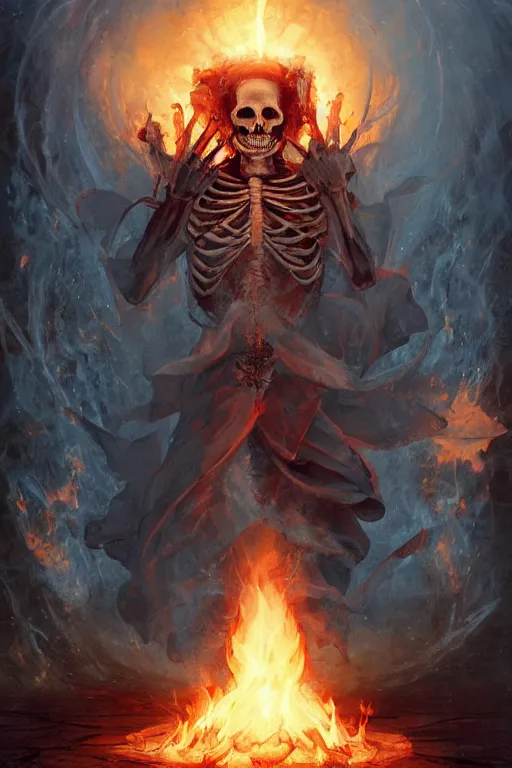 Image similar to skeleton burning in divine holy flame spell scroll art by artgerm and greg rutkowski and Craig Mullins, James Jean, Andrey Ryabovichev, Mark Simonetti and Peter Morbacher 16k