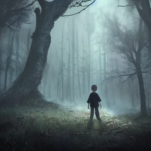 Image similar to a lost boy in the woods, horror, eldritch, unreal engine, dramatic lighting, digital art, mist, digital illustration, detailed environment, fantasy