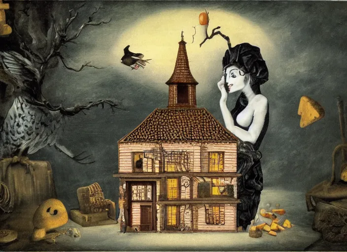 Image similar to a house with a tower, owl, birds, cheese, lowbrow in the style of mark ryden and francisco de goya,